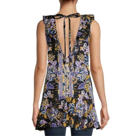 Free People Women’s Summer In Tulum Purple Black Floral Linen Sleeveless Tunic S - Picture 6 of 13